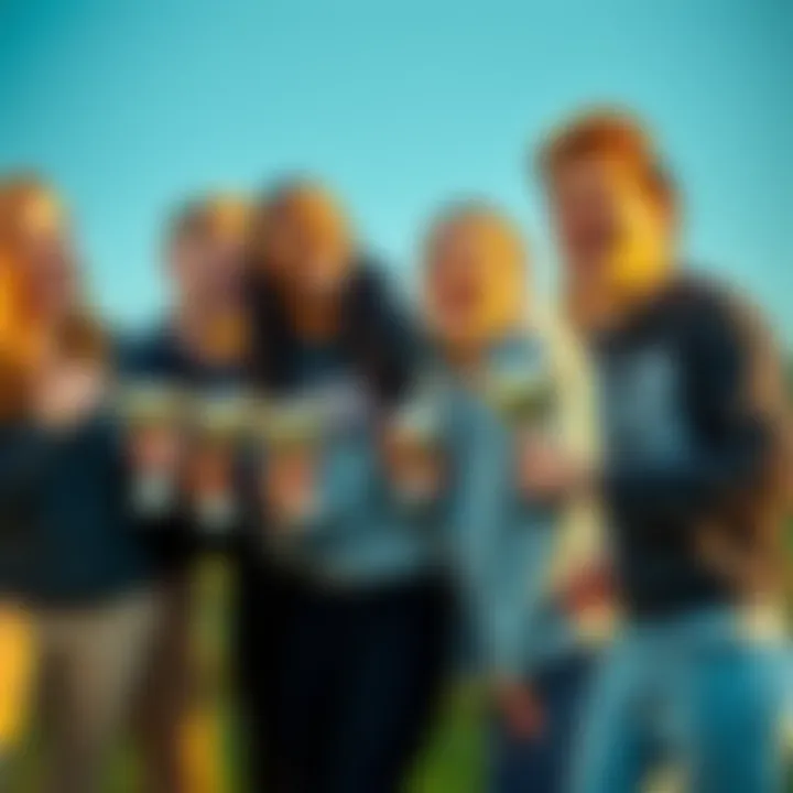 A group of friends enjoying a playful competition outside, holding trophies and showing excitement over wins.