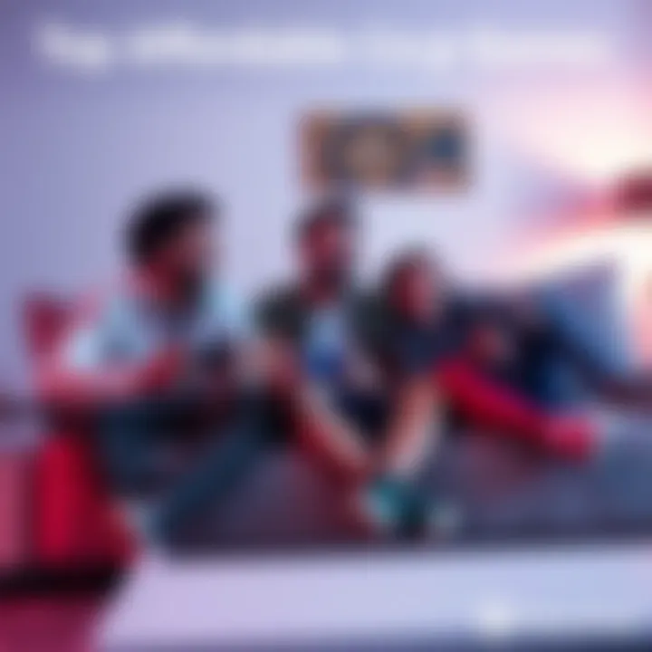 A group of friends enjoying affordable co-op video games on a couch with game controllers