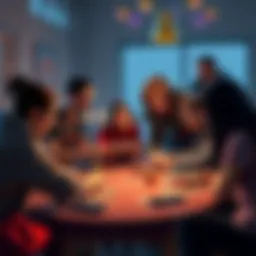 A group of friends gathered around a table, discussing D&D characters with one person holding a tablet, illustrating the use of AI in gaming sessions.