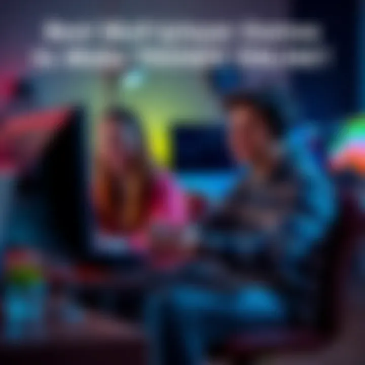 Two people sitting together, playing video games on a computer and having fun