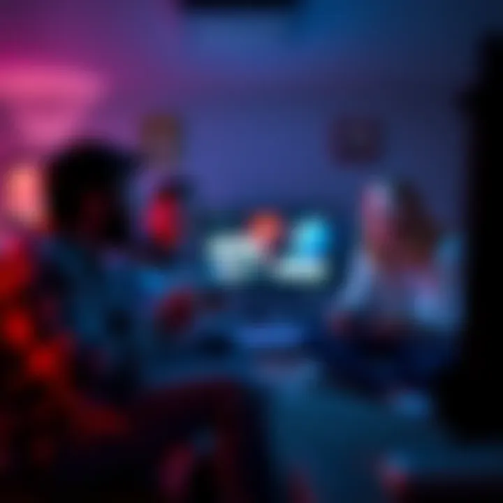 Friends sitting together in a dimly lit room, playing horror video games on a TV with mixed expressions of excitement and fear.