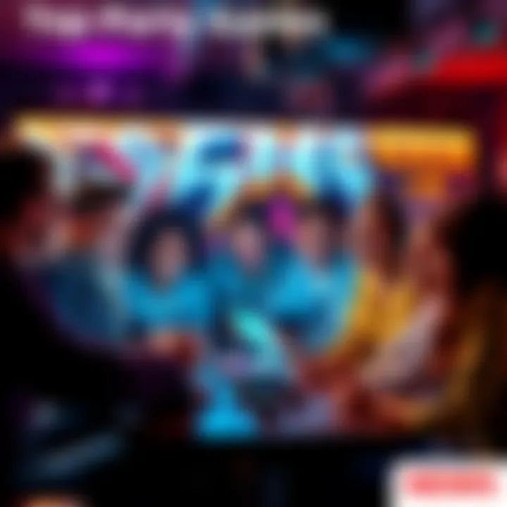 A diverse group of friends gathered around a gaming setup, laughing and enjoying party games on Steam, including popular titles.