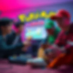 A group of friends playing Pokémon Red and Green on a console with a cable link connecting their devices.