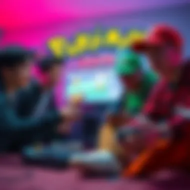 A group of friends playing Pokémon Red and Green on a console with a cable link connecting their devices.