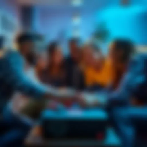 A group of friends gathered around a gaming console, enjoying a party-based RPG with laughter and teamwork, creating strong bonds.