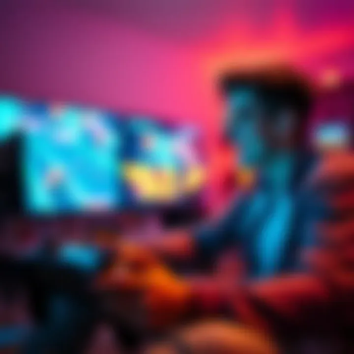 Two friends enjoying a fun gaming session with colorful graphics on the screen