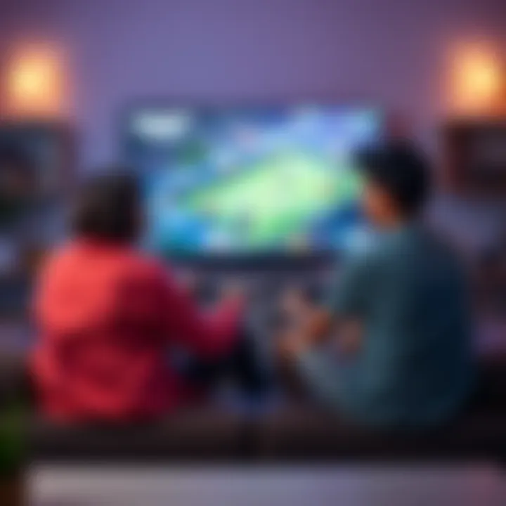 Two friends sitting on a couch, each with a game controller, engaged in a multiplayer gaming session, with a large screen showing game graphics in the background.