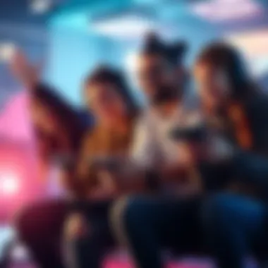 Group of friends having fun while playing video games together, focusing on teamwork with a Recon character.