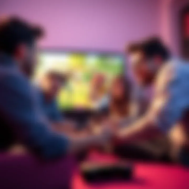 A group of friends gathered around a TV, playing a multiplayer video game, discussing DLC accessibility.