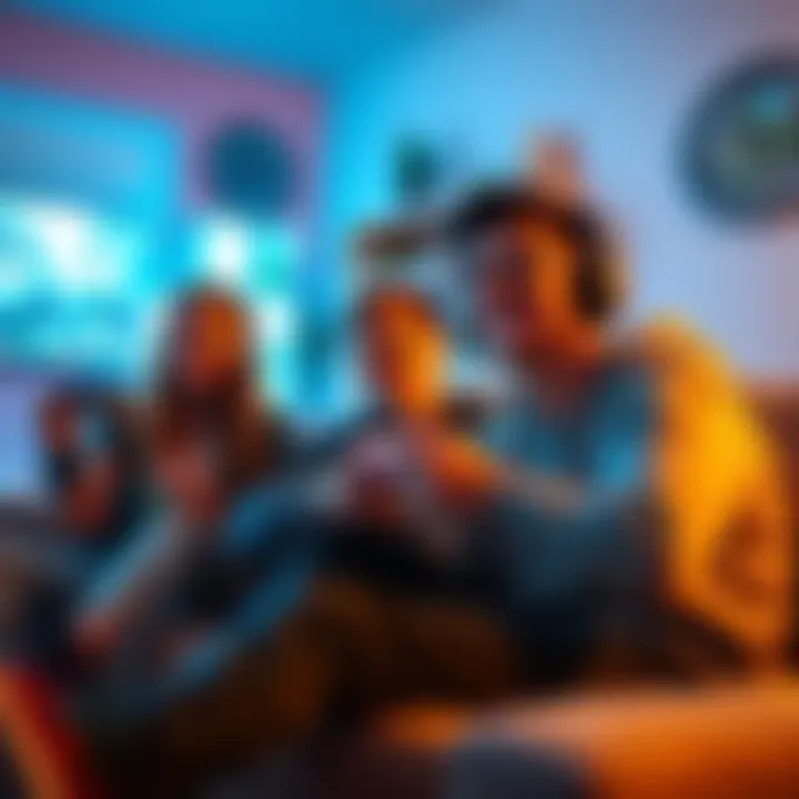 A group of friends enjoying multiplayer video games at home with snacks and drinks