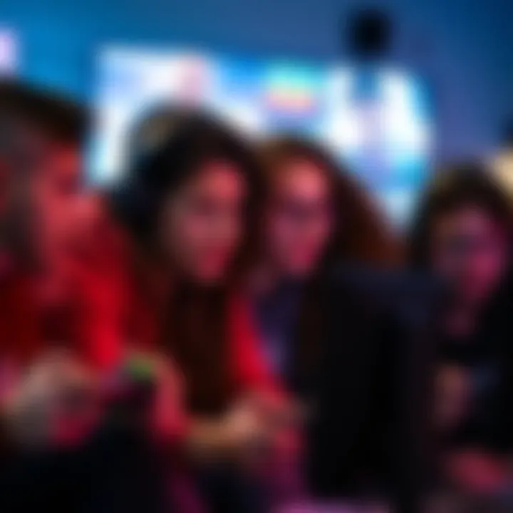 A group of friends intensely focused on playing video games, showing mixed emotions of frustration and competition