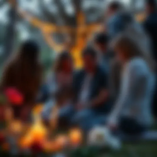 Group of friends sharing memories and comforting each other in front of a memorial for a friend lost in a house fire