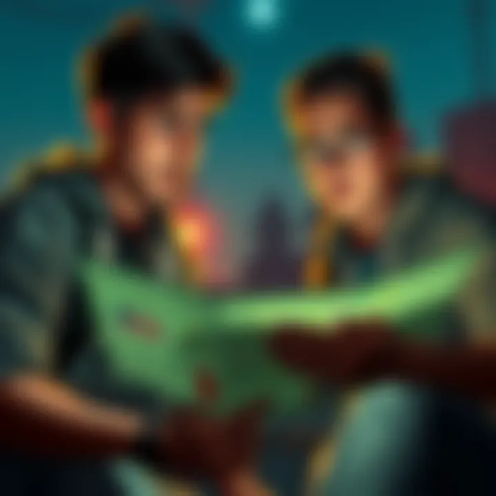 Two friends looking at a map Two friends studying a map while searching for the last Bloodshot Sign, showing signs of frustration and determination.