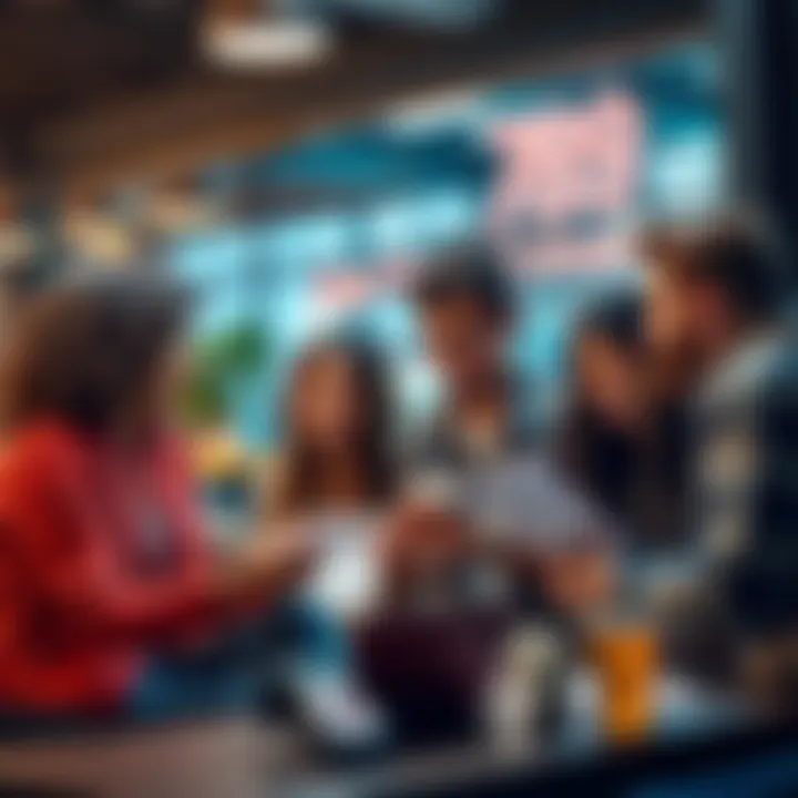 A group of friends excitedly discussing their achievements and records while comparing notes at a coffee shop.