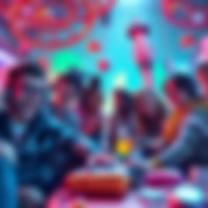 A group of friends laughing and building creative structures in a colorful gaming environment inspired by Void's Time Zone