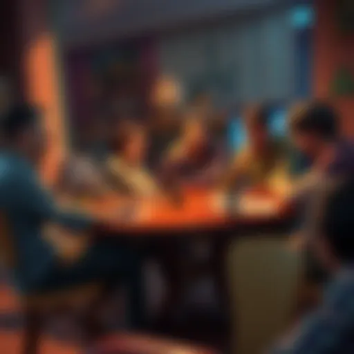 Group of friends playing tabletop RPG A group of friends seated around a table engaged in a tabletop RPG game, with character sheets and dice visible, showcasing a lively debate about roleplay ideas.