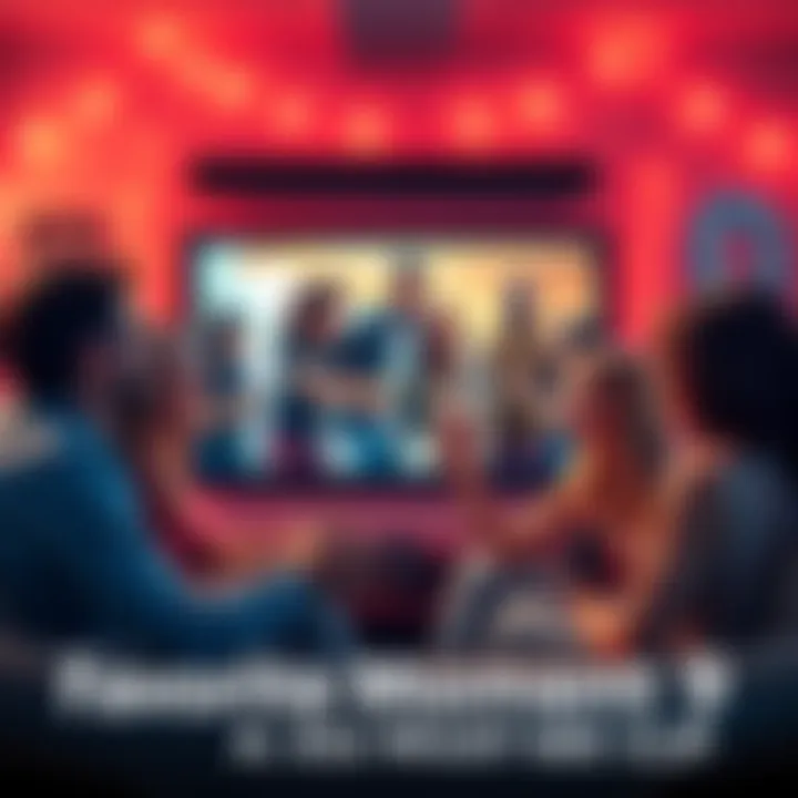 Friends enjoying Season 9 highlights A group of friends watching a screen displaying exciting moments from Season 9, sharing laughter and cheers.