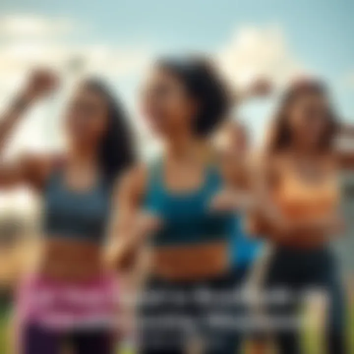 A group of friends exercising outdoors, encouraging each other with smiles and enthusiasm for a healthier lifestyle.