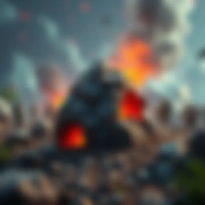 A volcanic rock known as the Friendship Rock sits in a chaotic game setting, symbolizing unity and humor among players.