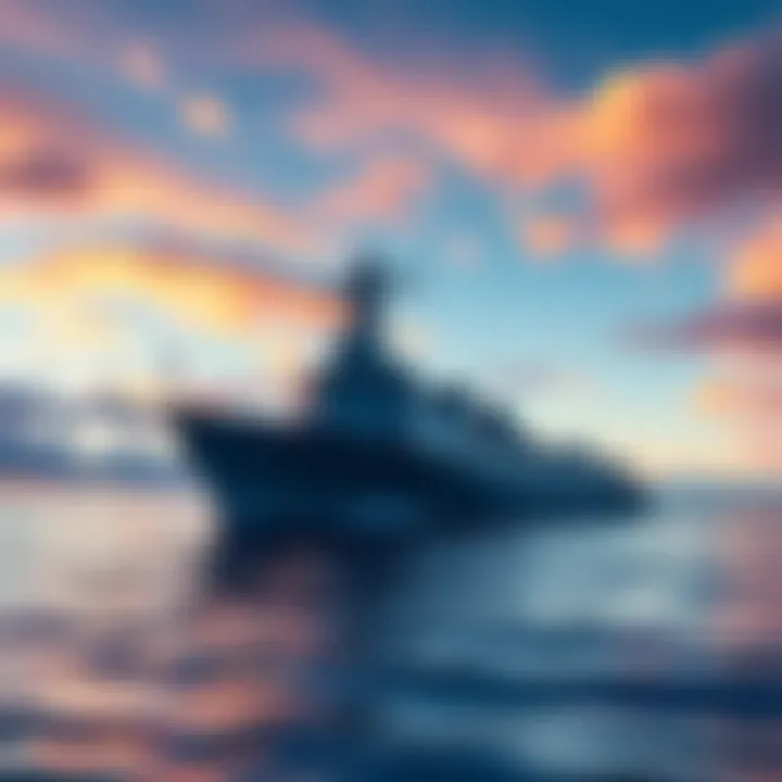 A military frigate sailing smoothly on calm waters with a vibrant sky