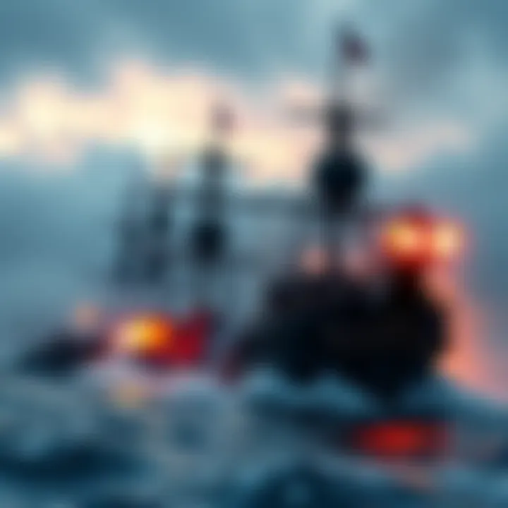 A frigate ship engages in combat, showcasing its design and firepower, contrasting with a snow ship in the background.