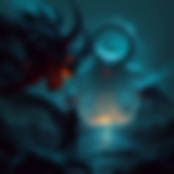 A player character with low health facing terrifying monsters in Elden Ring, set in a dark, eerie environment with menacing creatures lurking nearby.