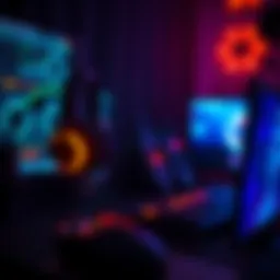 A dark gaming setup with glowing headphones and an eerie atmosphere, representing the terrifying sounds in horror games