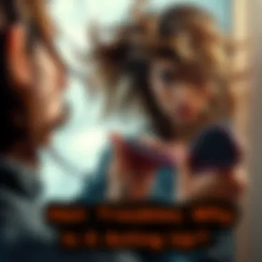Person with frizzy hair looking in a mirror A worried person examining their frizzy hair in front of a mirror, with a comb in hand