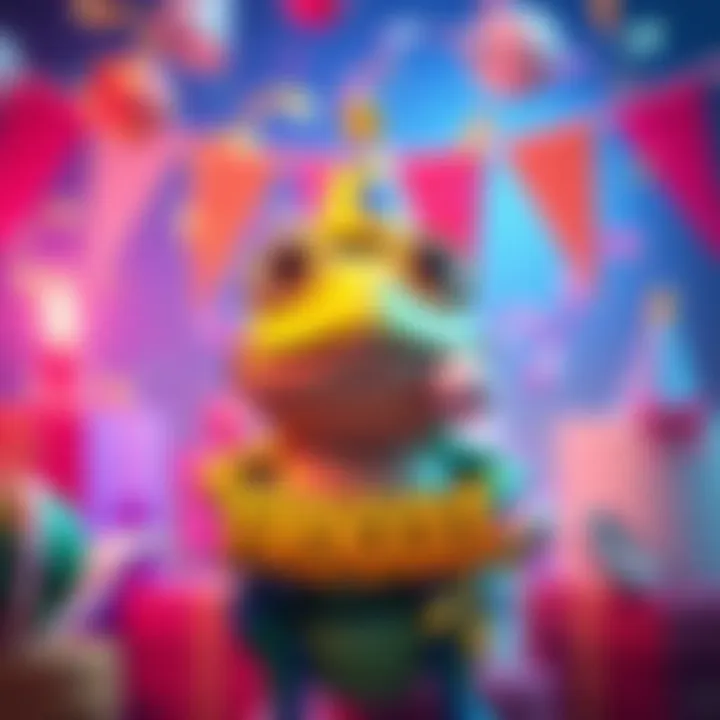 FROGGLE Game Anniversary Celebration A colorful graphic celebrating FROGGLE's 1 month anniversary, featuring a cheerful frog and party decorations.