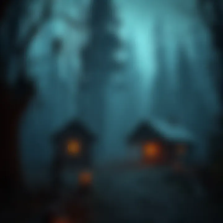 Frontier Americana Halloween Scene A spooky Halloween setting featuring a dark forest with old wooden cabins and eerie fog, depicting folk horror elements from frontier Americana.
