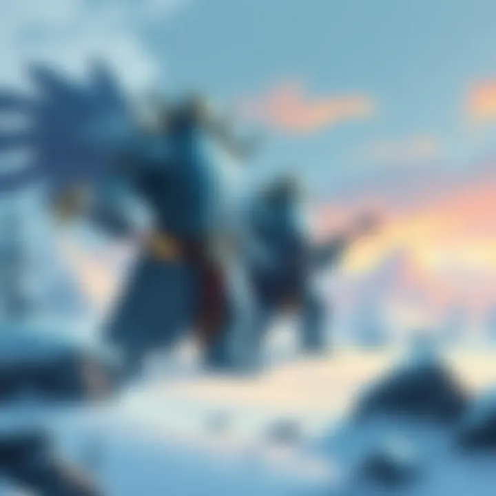 Frost Giant Music Collaboration An illustration showcasing Frost Giants in a snowy landscape, creating music together for an RPG theme.