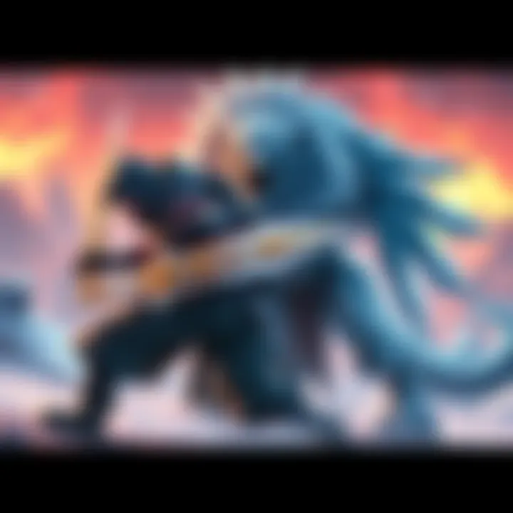 A gamer battles alongside a Frostfang, showcasing its strength and abilities in a vibrant game environment.