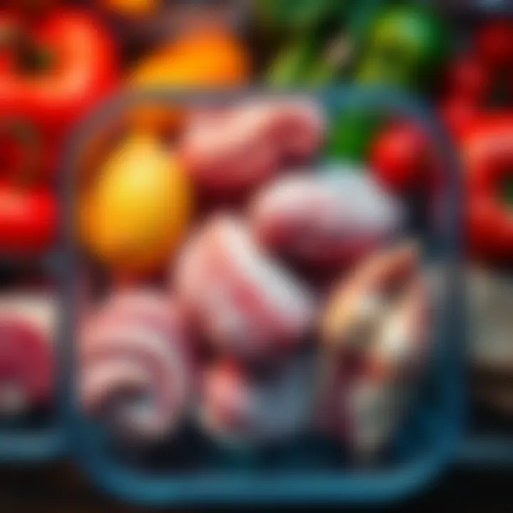 Frozen food items in a container A variety of frozen food items like vegetables, fruits, and meat stored in a clear container