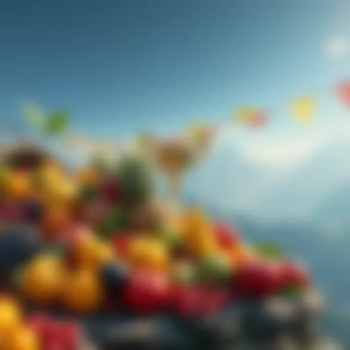 A variety of colorful fruits placed atop a scenic sanctuary