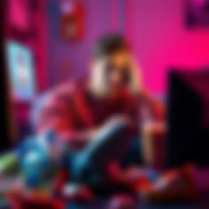 A casual gamer showing frustration while playing a simple game on their computer, surrounded by snack wrappers and a drink, highlighting the challenges faced in gaming.