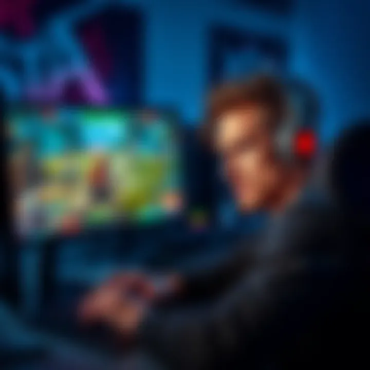 Frustrated gamer in action A gamer looks frustrated while playing a competitive 6v6 match on their computer. The screen shows a challenging game environment with various characters. The player's intense focus reflects their str...