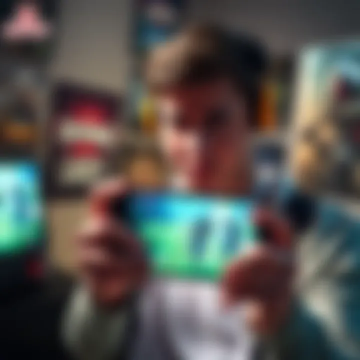 A person looks frustrated while holding their Android phone, displaying a laggy game screen. The background shows a dimly lit room with gaming posters.