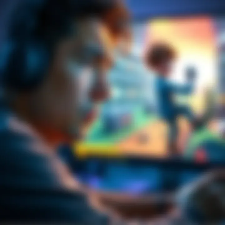 A gamer looks frustrated while playing online, with character 'April' on the screen disrupting gameplay. In the background, another character, Ken, is shown successfully navigating an obstacle. The sc...