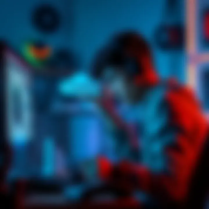 Frustrated gamer looking at a cloud gaming error message A person sitting at a computer, looking disappointed as they read an error message about cloud gaming issues, surrounded by gaming gear.