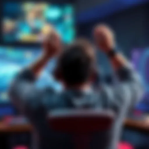 A gamer shows frustration while playing at a computer, with their hands on their head and game graphics on the screen.