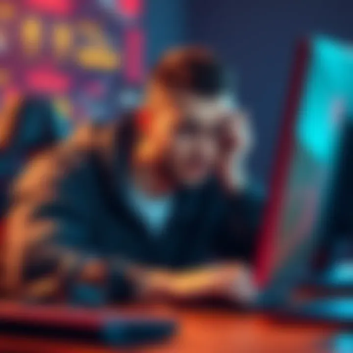 A gamer looking disappointed while playing a video game on their computer, showcasing frustration after a match loss.