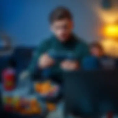 A gamer looks frustrated while holding a video game controller, surrounded by snacks and an open laptop, showing a paused game on screen.