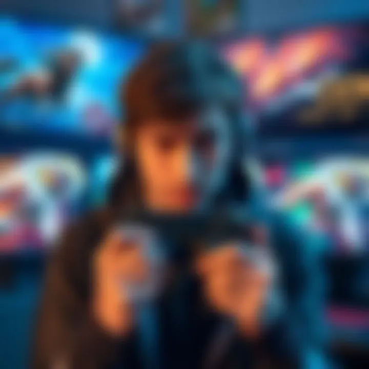 A gamer looking frustrated while holding a game controller, surrounded by game posters and screens showing present-day game segments.
