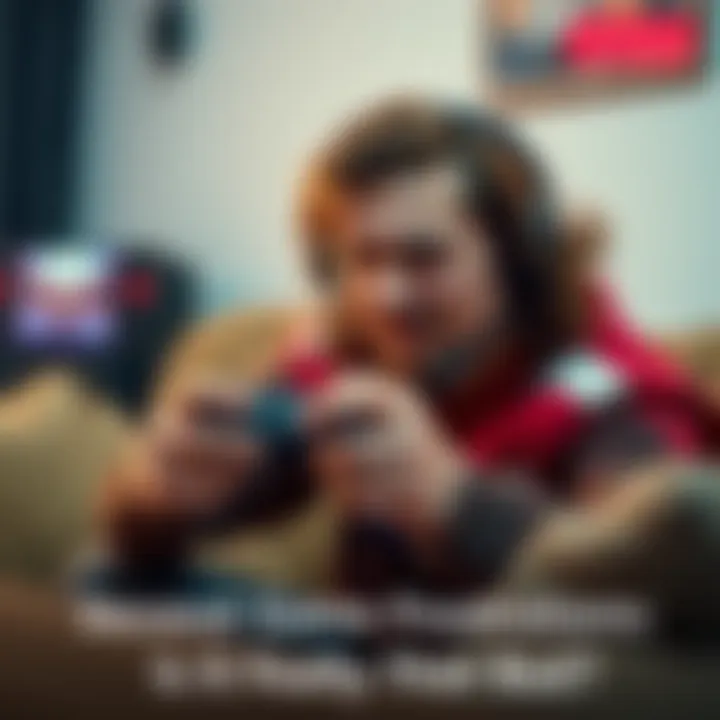 A gamer sitting on a couch looking frustrated while holding a video game controller, with a game console visible in the background.