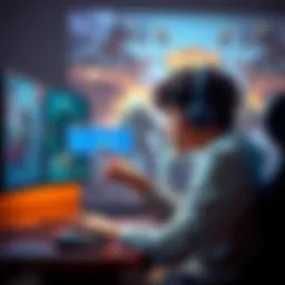 Frustrated gamer deleting a game A person sitting at a computer, looking frustrated while clicking on a delete button for a game, with game characters on the screen behind them.