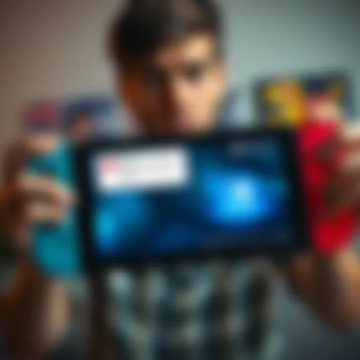 A gamer looking frustrated while holding a Nintendo Switch, showing a screen with error messages related to virtual game cards.
