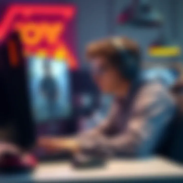 Frustrated gamer working on PC A gamer sitting at a desk, looking frustrated while facing a computer screen with performance issues and gaming graphics problems.