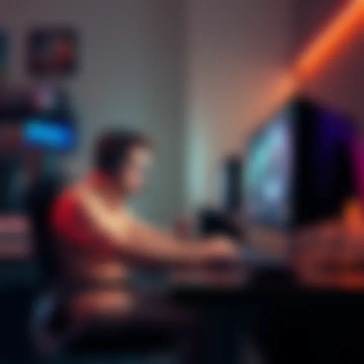 Frustrated Gamer Reflecting on Multiplayer Games A gamer sitting at their desk, looking disappointed while playing a multiplayer game on a computer, with gaming gear surrounding them.