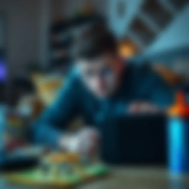 A gamer looks stressed while playing a remastered classic game on a console, surrounded by snacks and energy drinks.