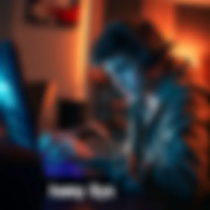 A gamer looking disappointed while trying to run Smite 2 on a laptop that shows high system requirements on screen, with a console visible nearby.